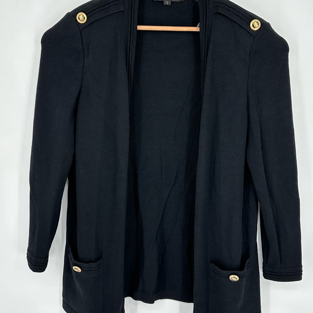 Vintage ST JOHN Basics Knit longline cardigan blazer Open Front Sz L Black U3